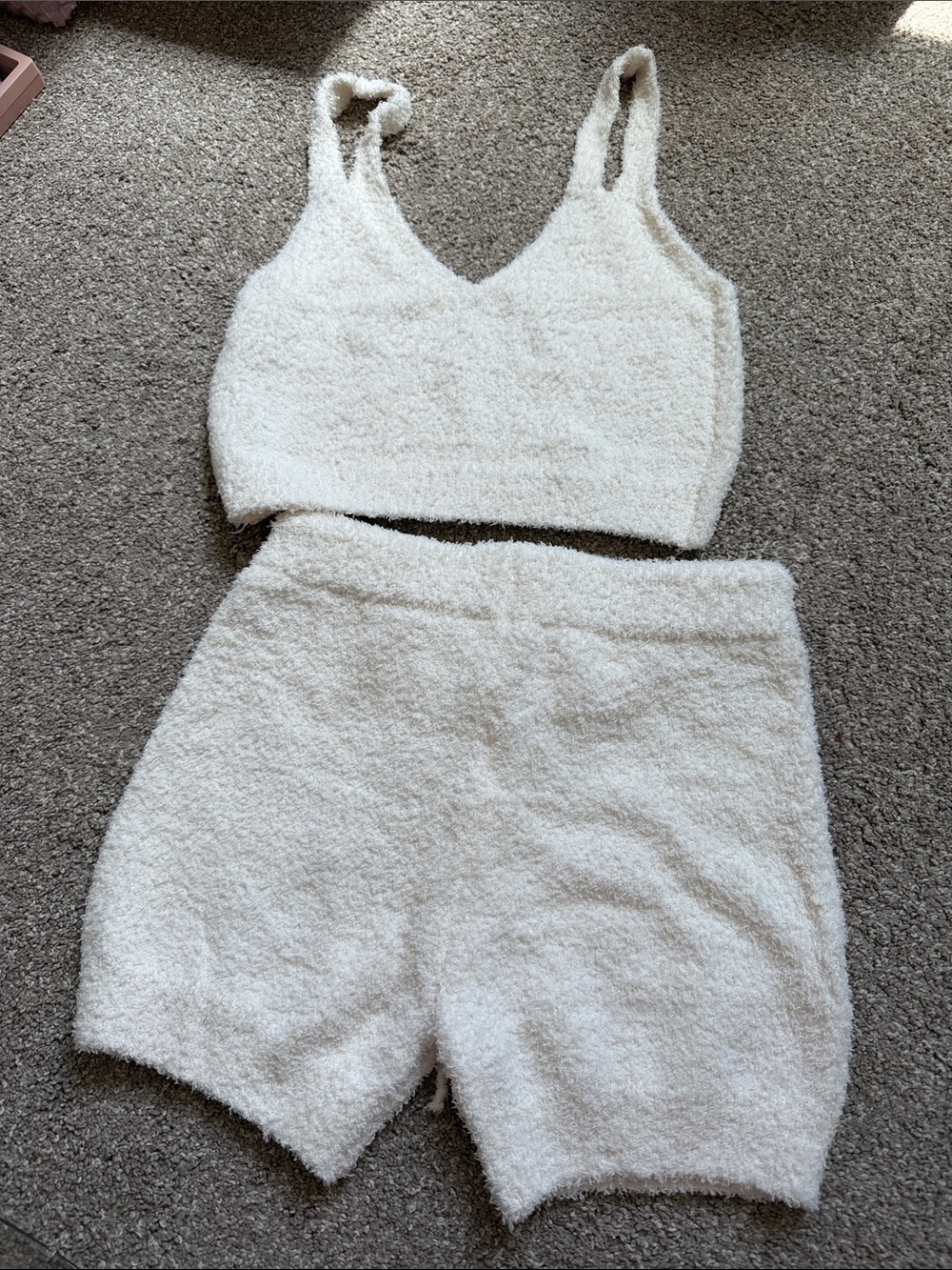 White Knit 3 Piece Lounge Set - Cami Tank + High Waist Shorts + Cardigan - Picture 5 of 7